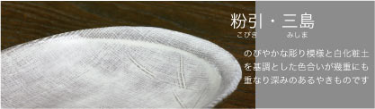 粉引 こひき・三島  みしま　のびやかな彫り模様と白化粧土を基調とした色合いが幾重にも重なり深みのあるやきものです。